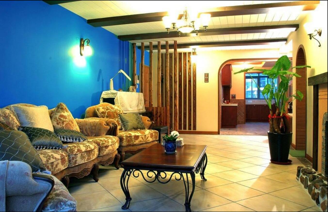 地中海风格客厅蓝色墙面装修设计